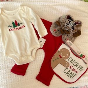 My First Christmas 2 Piece Outfit, Reindeer Slippers, gingerbread man bib